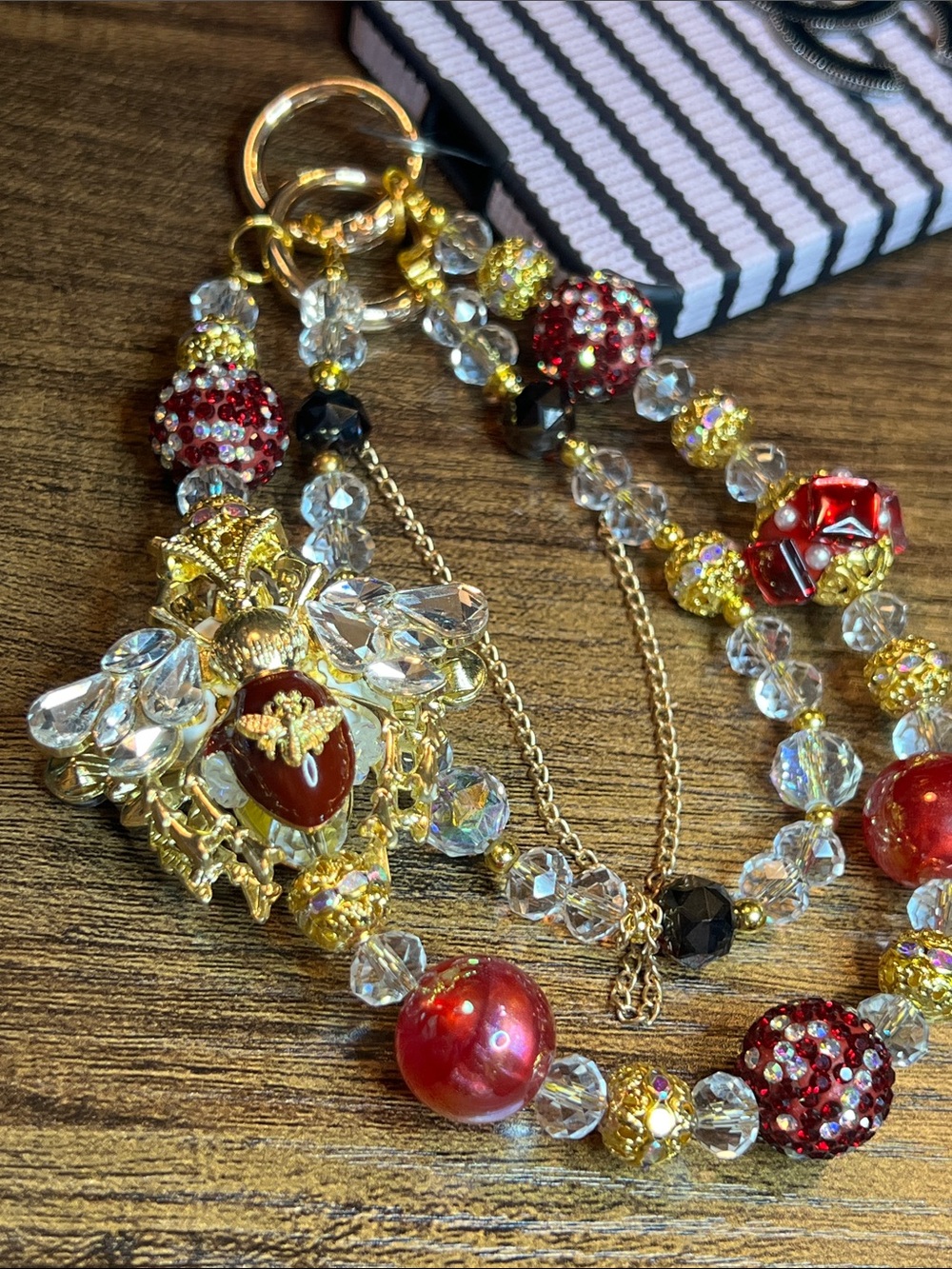 Gold Bee & Crystal Charm Phone Wristlet Bracelet - Red Accents
